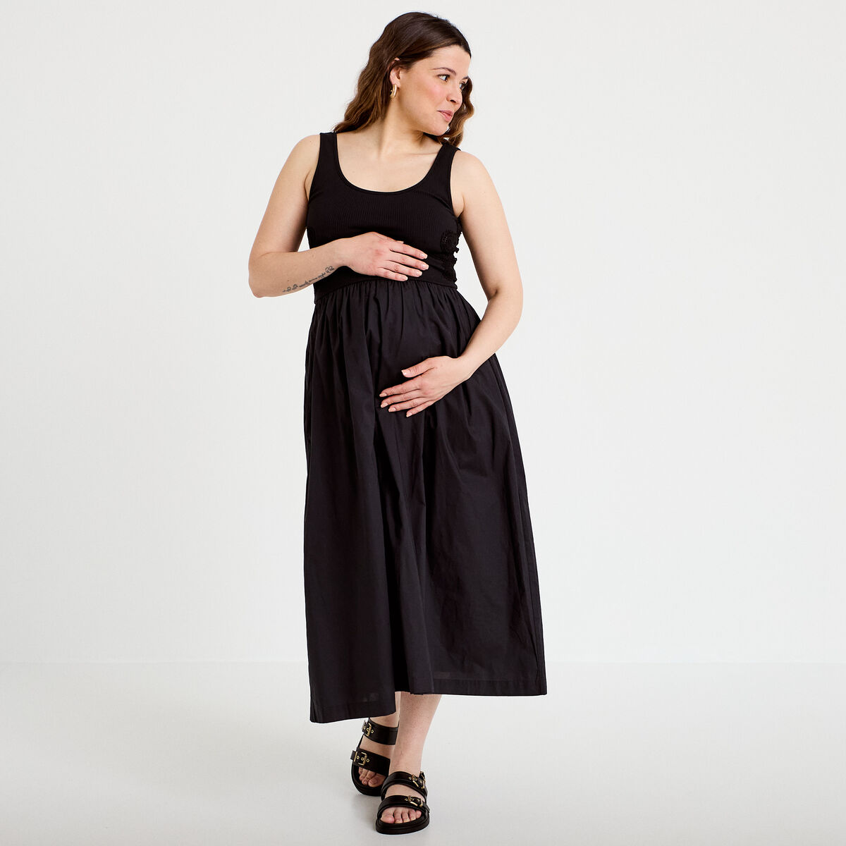 Robe longue &eacute;vas&eacute;e bi-mati&egrave;re noir femme