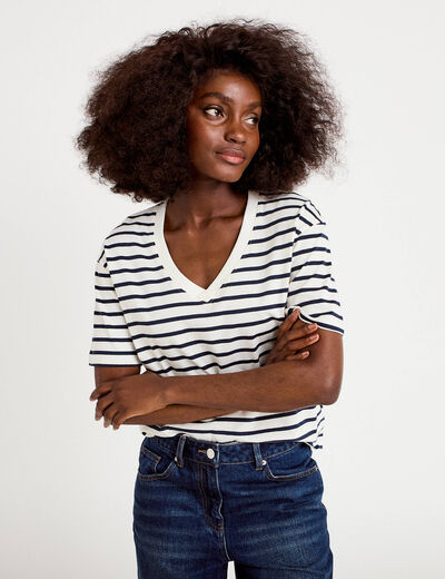 T-shirt col v manches courtes bleu fonc&eacute; femme