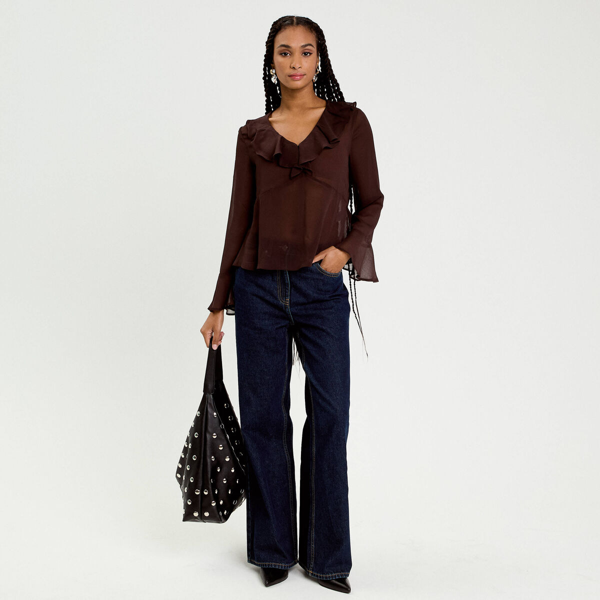 Blouse col V marron fonc&eacute; femme