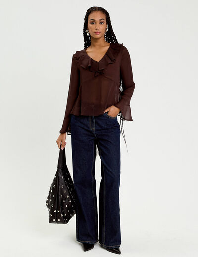 Blouse col V marron fonc&eacute; femme