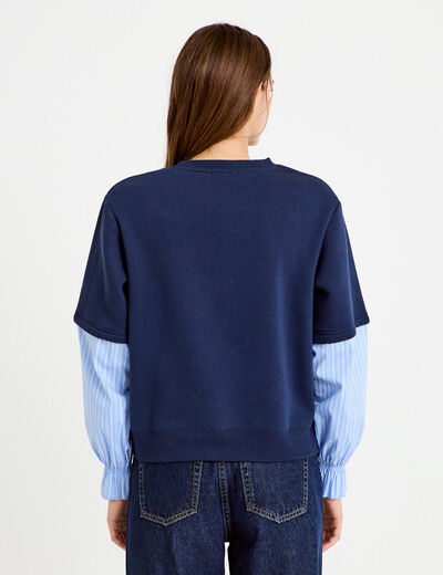 Sweat bi-mati&egrave;re manches longues bleu marine femme