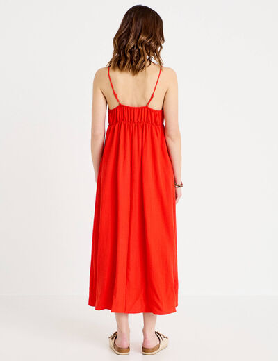 Robe bi-mati&egrave;re col v bretelles fines orange fonc&eacute; femme