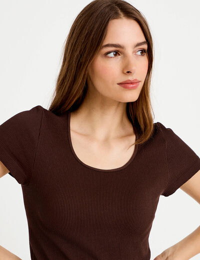 Crop top sans couture col rond marron fonc&eacute; femme