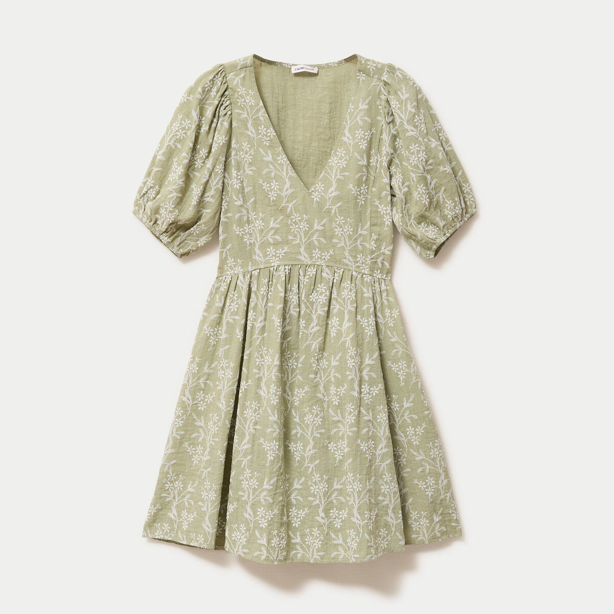 Robe droite courte col v manches courtes vert femme