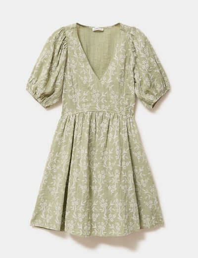 Robe droite courte col v manches courtes vert femme