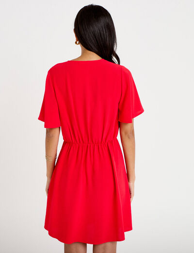 Robe courte &eacute;vas&eacute;e col v manches courtes rouge femme