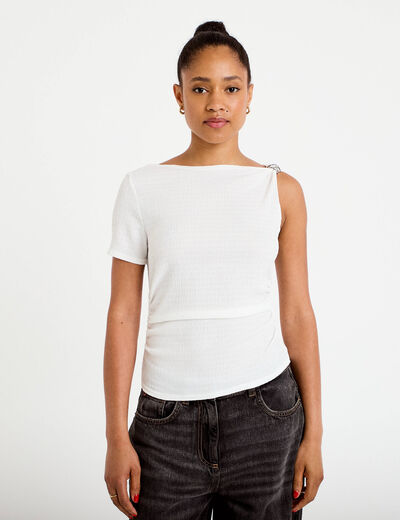 Top one shoulder pliss&eacute; manches courtes ecru femme