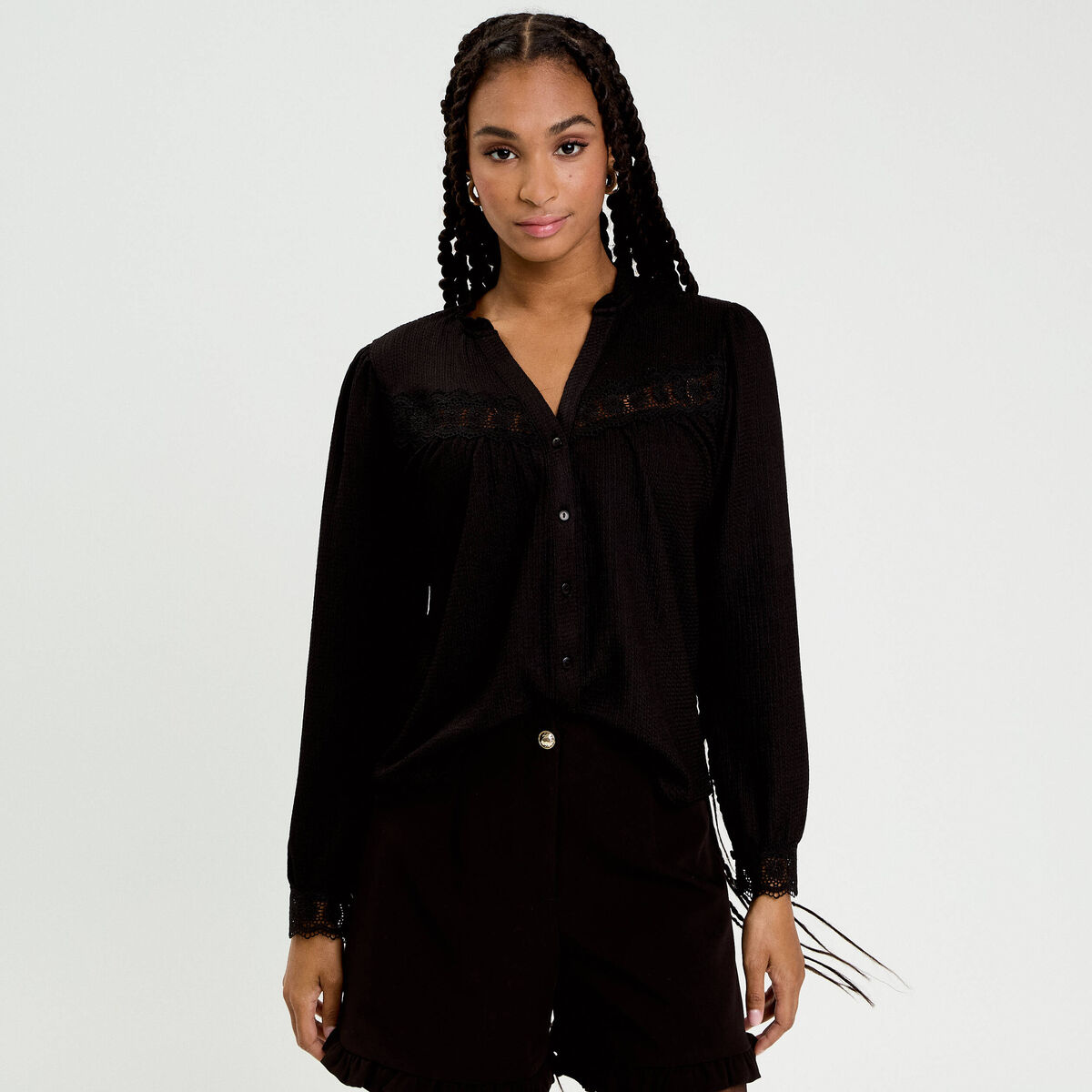 Blouse maille relief&eacute;e noir femme
