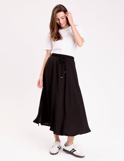 Jupe longue &eacute;vas&eacute;e satin noir femme