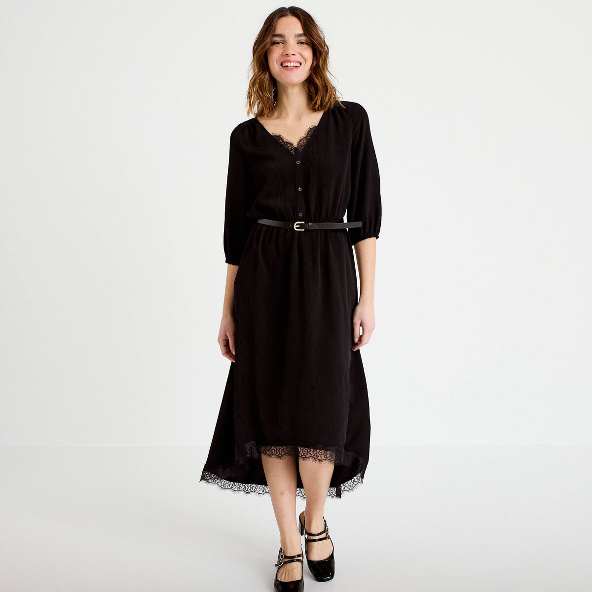 Robe longue &eacute;vas&eacute;e col v dentelle noir femme