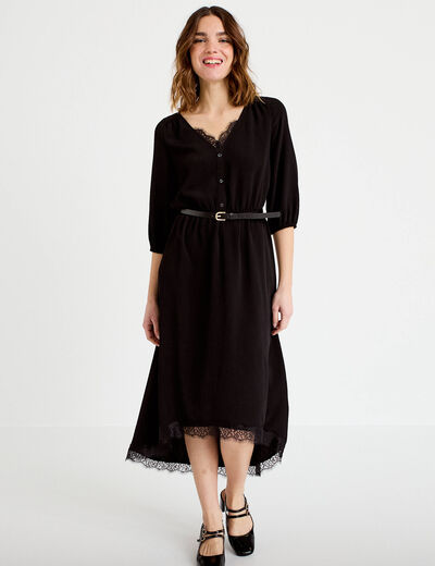Robe longue &eacute;vas&eacute;e col v dentelle noir femme