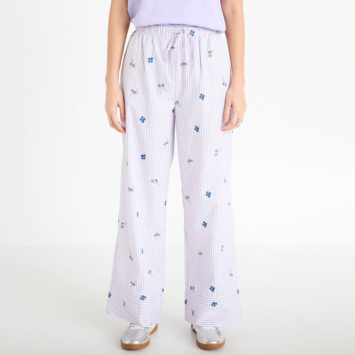 Pantalon large brod&eacute; Bridgerton violet clair femme