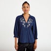 Blouse ample broderie manches 3/4 bleu femme