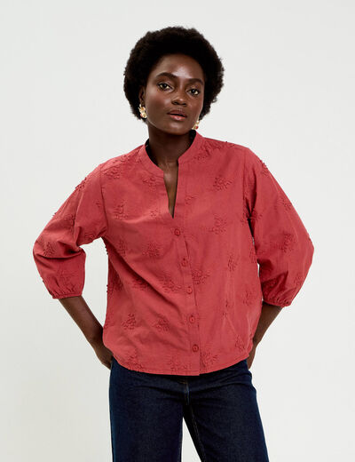 Blouse brod&eacute;e col mao manches 3/4 vieux rose femme