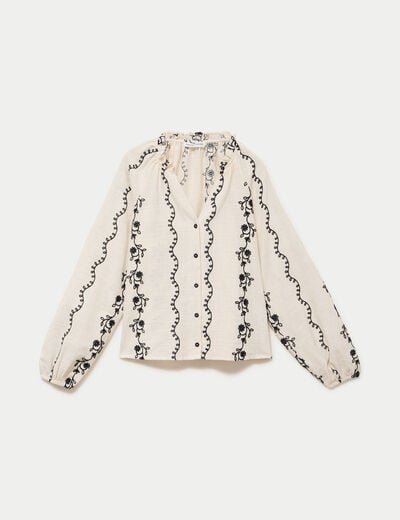 Blouse droite col am&eacute;ricain broderie blanc femme