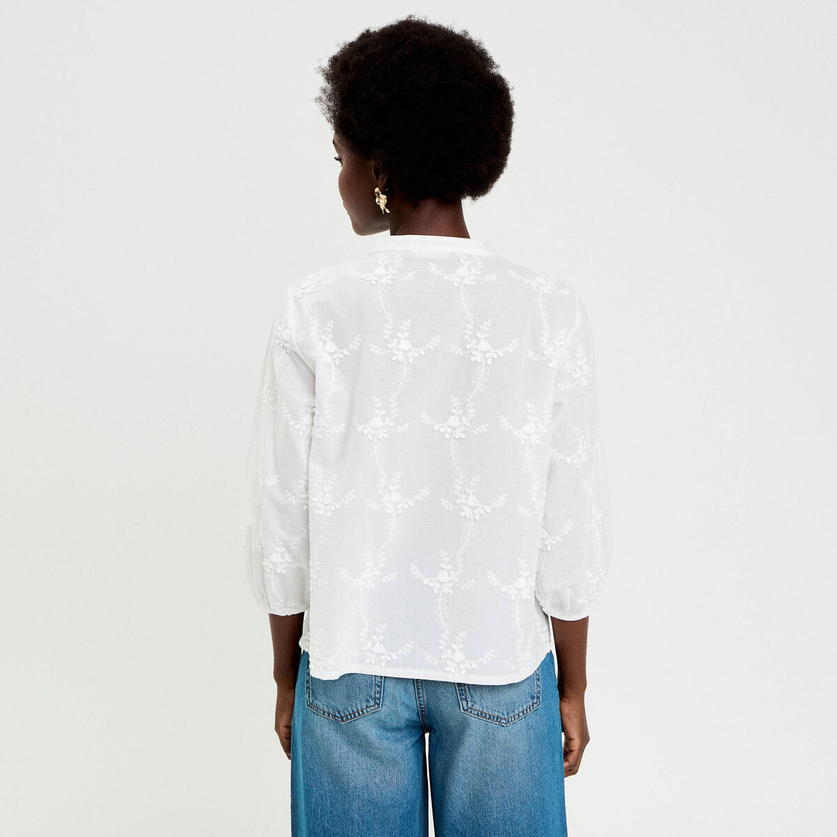 Blouse brod&eacute;e col mao manches 3/4 ecru femme
