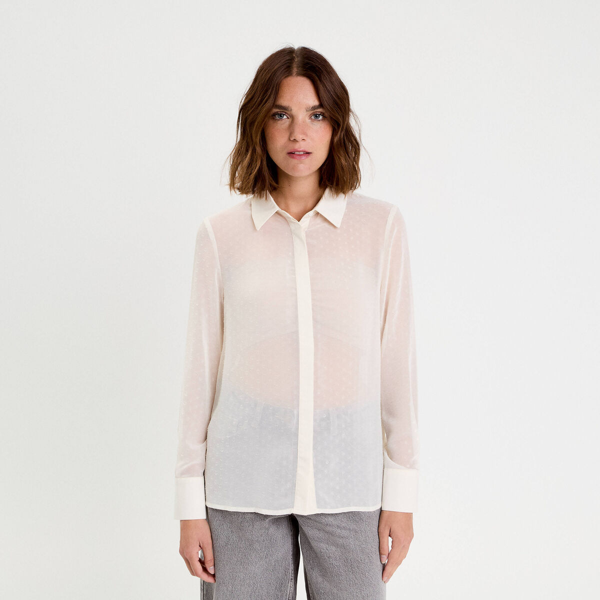Chemise voile plumetis brillant ecru femme