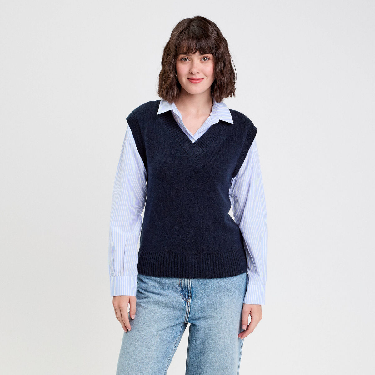 Pull chemise 2-en-1 bleu marine femme