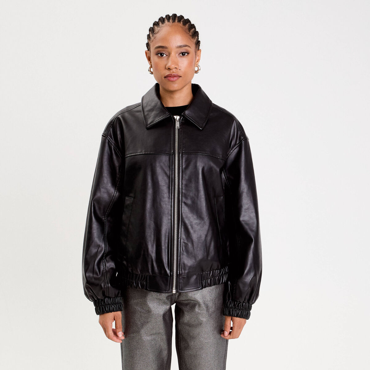 Bomber oversize similicuir col chemise noir femme
