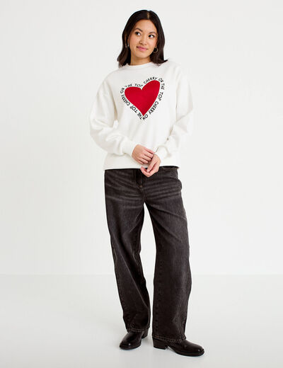 Sweat oversize long col rond ecru femme