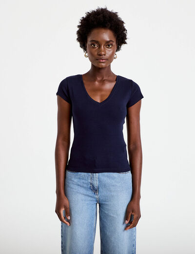 T-shirt ajust&eacute; col v manches courtes bleu marine femme