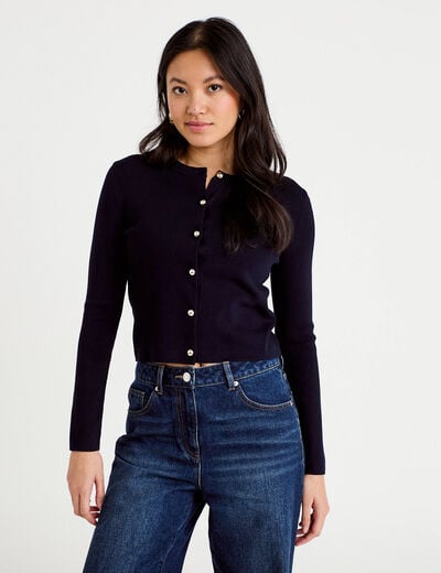 Gilet ajust&eacute; cropped col rond bleu marine femme