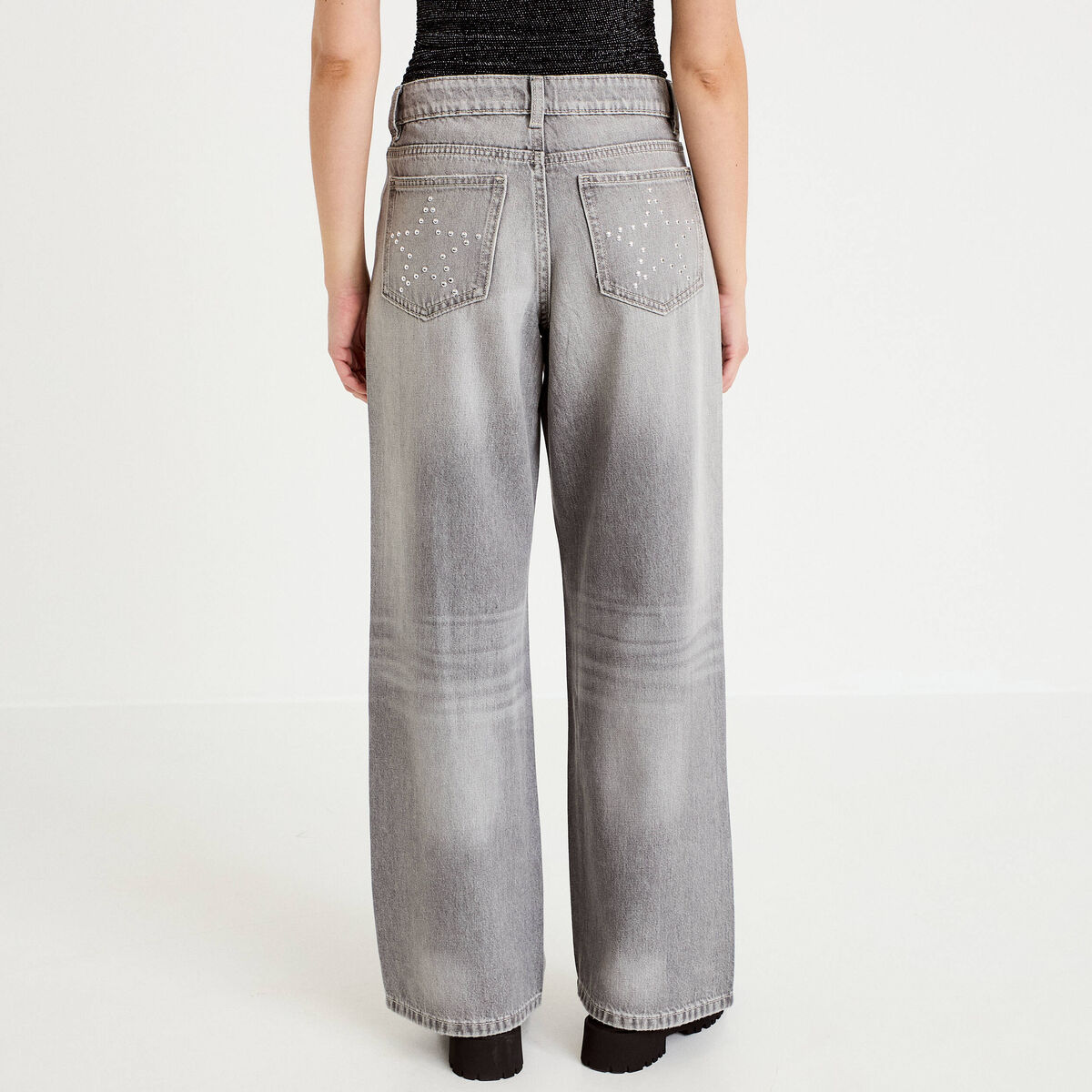 Jean wide leg taille basse denim gris clair femme