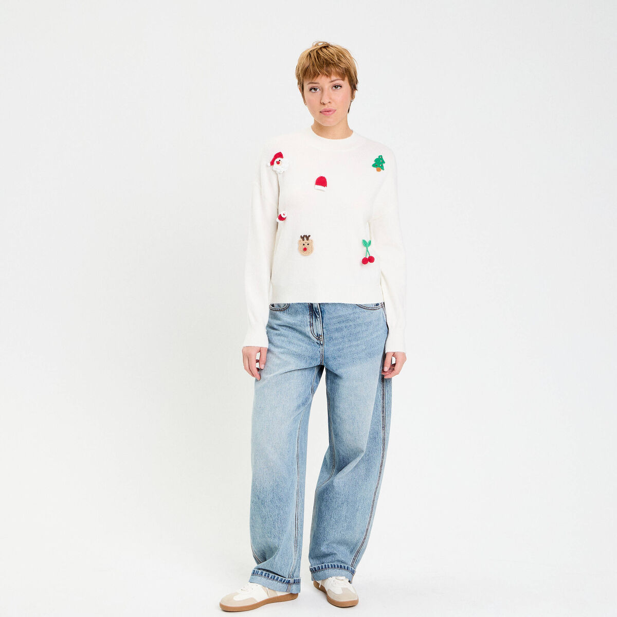 Pull de no&euml;l manches longues ecru femme