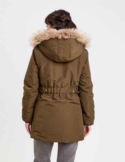 Parka &agrave; capuche fausse fourrure vert kaki femme