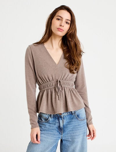 Blouse cintr&eacute;e col v manches longues beige femme