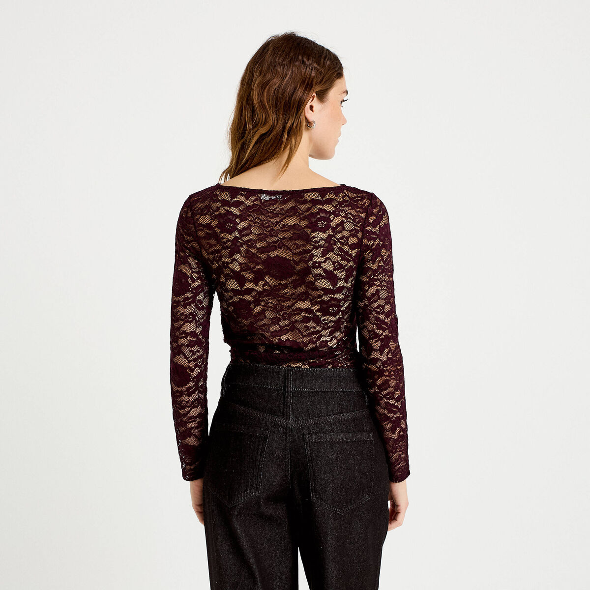 Body ajust&eacute; dentelle col bateau violet fonc&eacute; femme