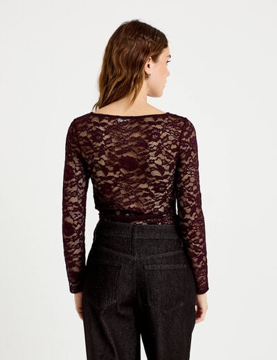 Body ajust&eacute; dentelle col bateau violet fonc&eacute; femme