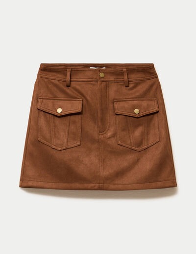 Jupe-short trap&egrave;ze aspect daim marron femme