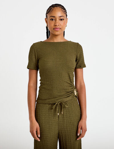 T-shirt col rond manches courtes bijou vert kaki femme