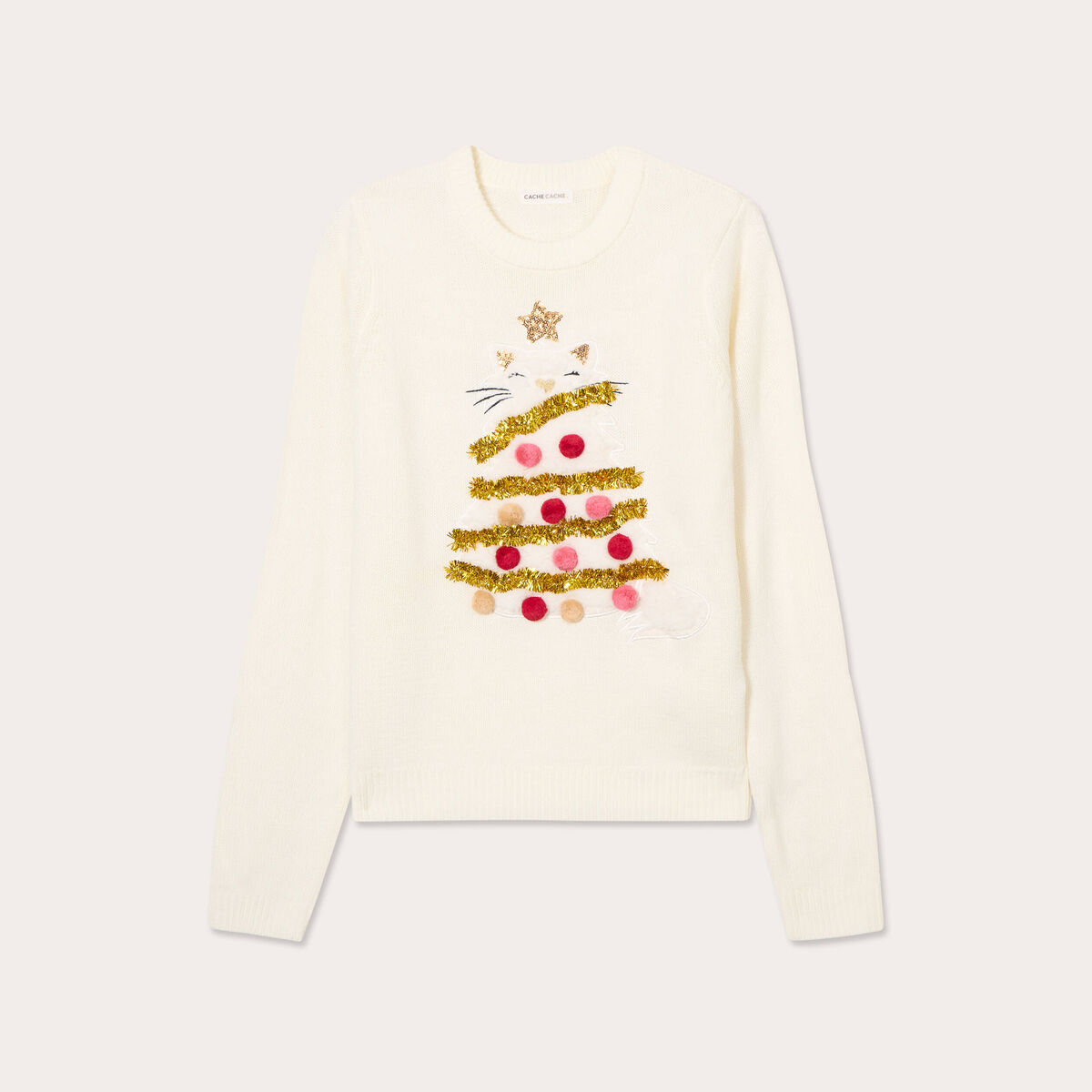 Pull pompons et guirlandes ecru femme