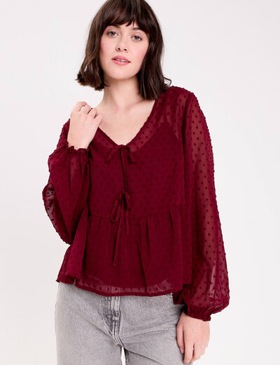 Blouse courte droite col v rouge fonc&eacute; femme