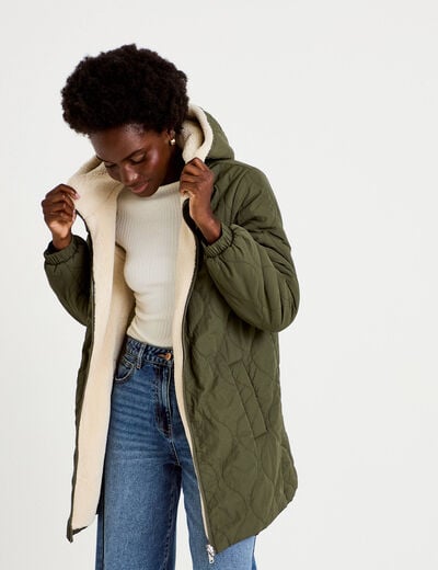 Parka r&eacute;versible effet polaire vert kaki femme