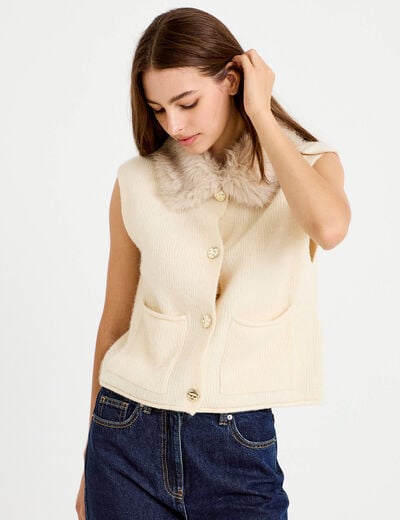 Gilet manches courtes fausse fourrure ecru femme