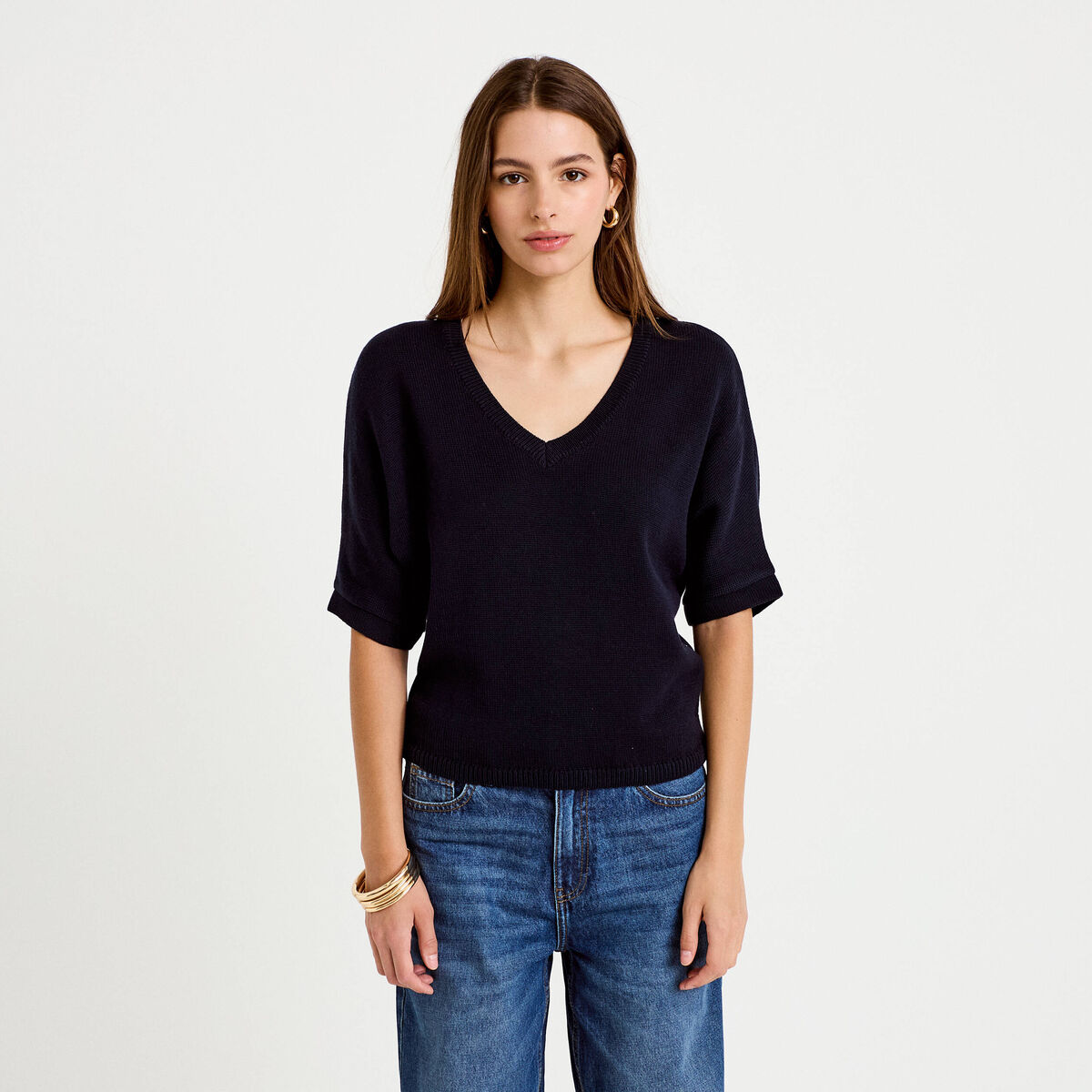 Pull ample col v manches courtes bleu marine femme