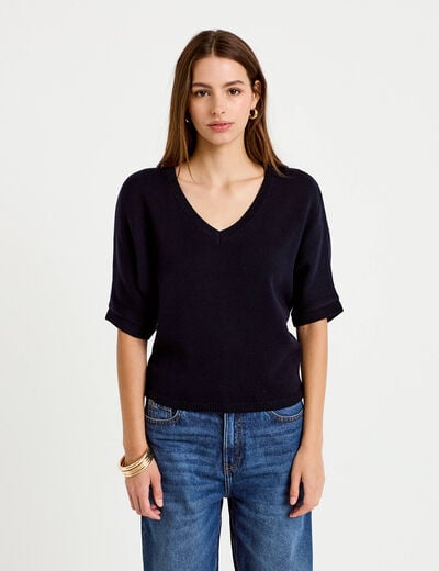 Pull ample col v manches courtes bleu marine femme
