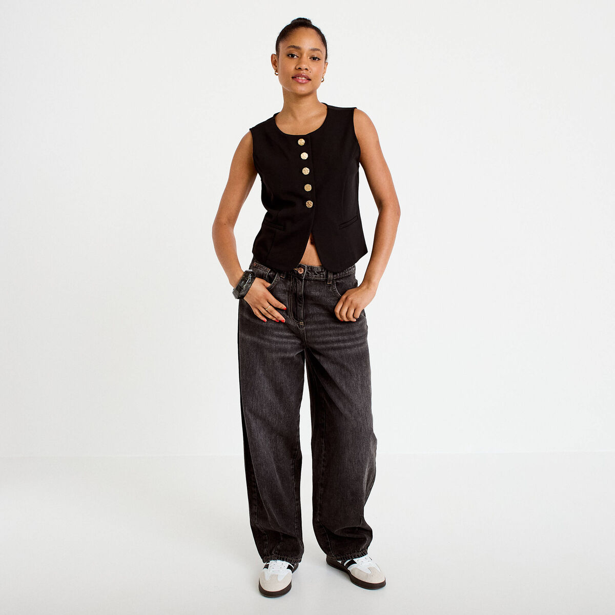 Gilet sans manches col rond noir femme