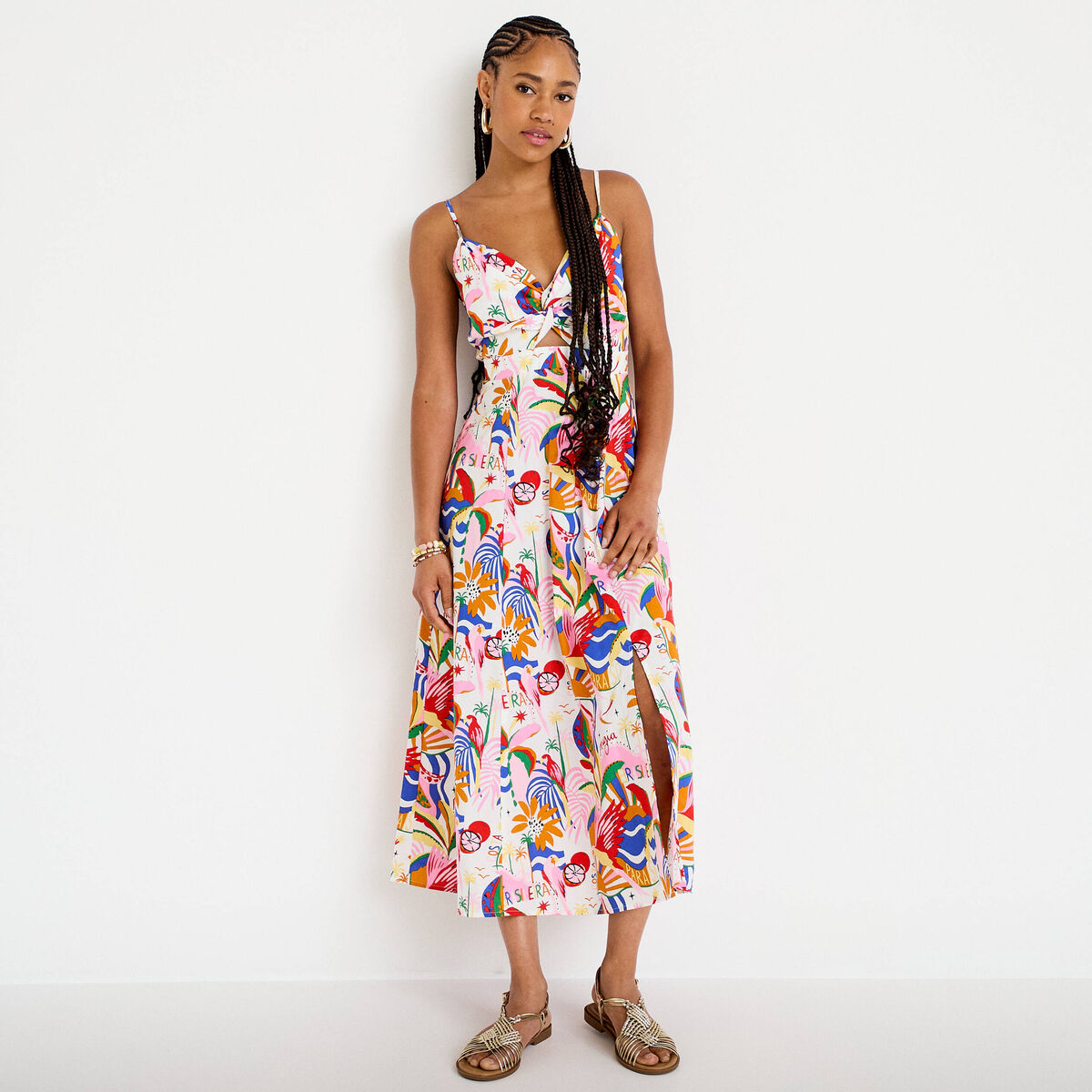 Robe longue &eacute;vas&eacute;e col v bretelles blanc femme