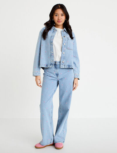 Surchemise denim broderies fleurs bleu fonc&eacute; femme