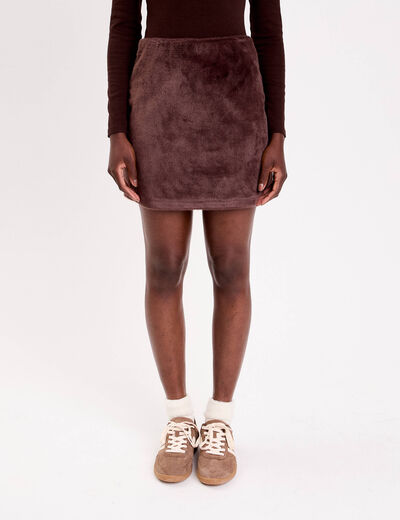 Jupe droite fausse fourrure marron fonc&eacute; femme