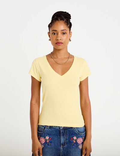 T-shirt ajust&eacute; col v manches courtes jaune clair femme