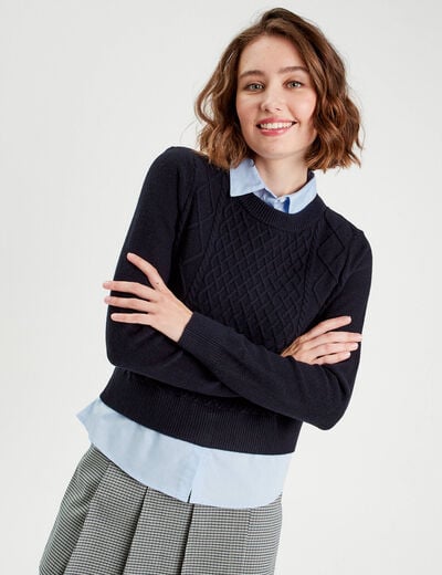 Pull chemise 2-en-1 bleu marine femme