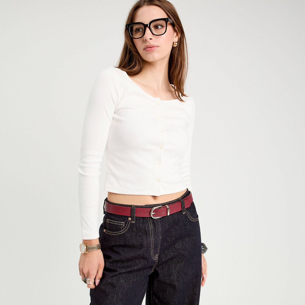 Gilet manches longues c&ocirc;tel&eacute; ecru femme