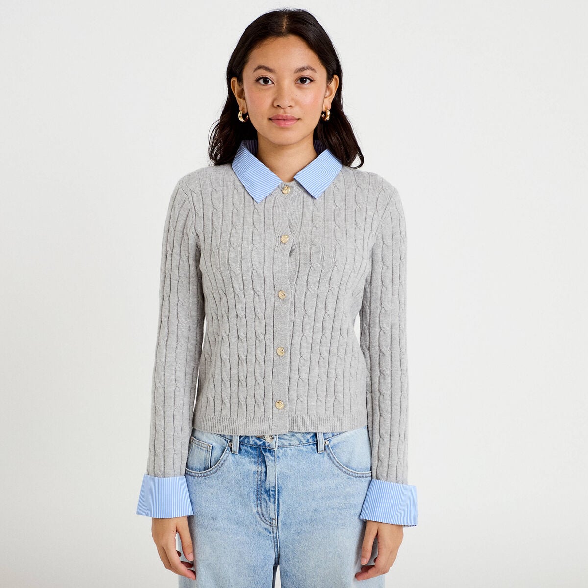 Gilet col chemise manches longues gris clair femme