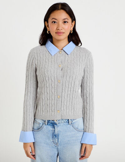 Gilet col chemise manches longues gris clair femme