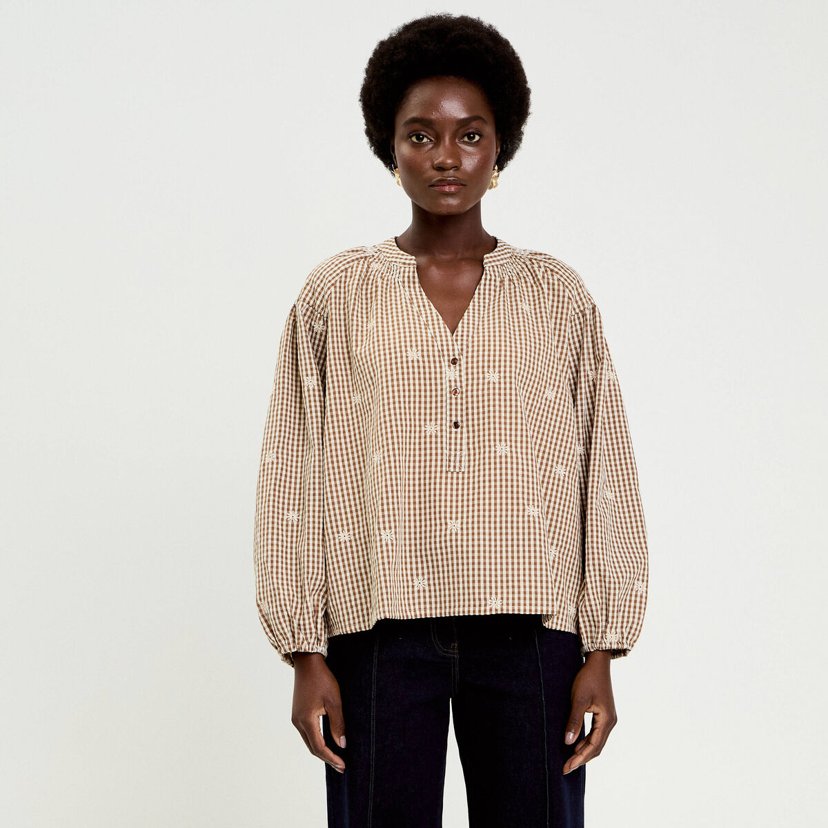Blouse vichy brod&eacute;e blanc femme